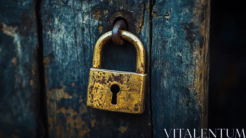 Weathered golden padlock lingers like a secret on worn wood