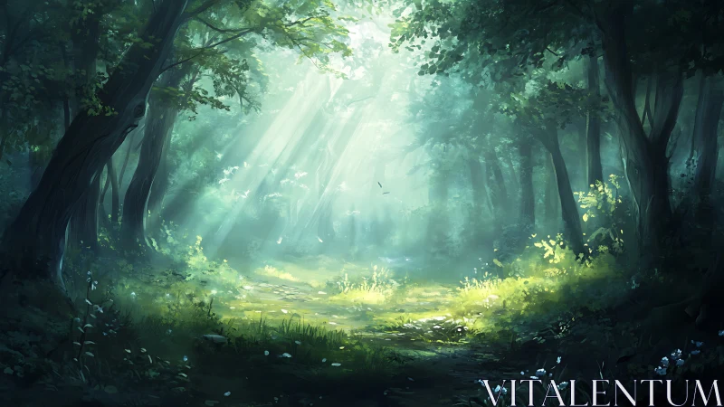 Forest clearing with radiant light penetrating dense canopy overhead