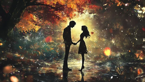 Silhouetted Encounter: Illuminated Romance Amid Abstract Fire.