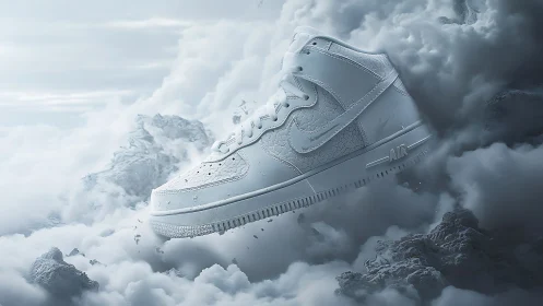 Icy white sneaker levitates in cloudlike atmospheric vignette