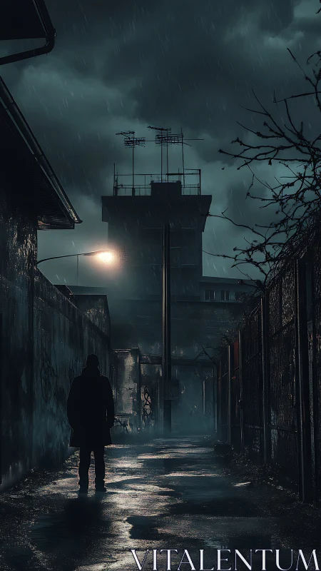 Midnight rain walk through a lonely, gleaming city alley.