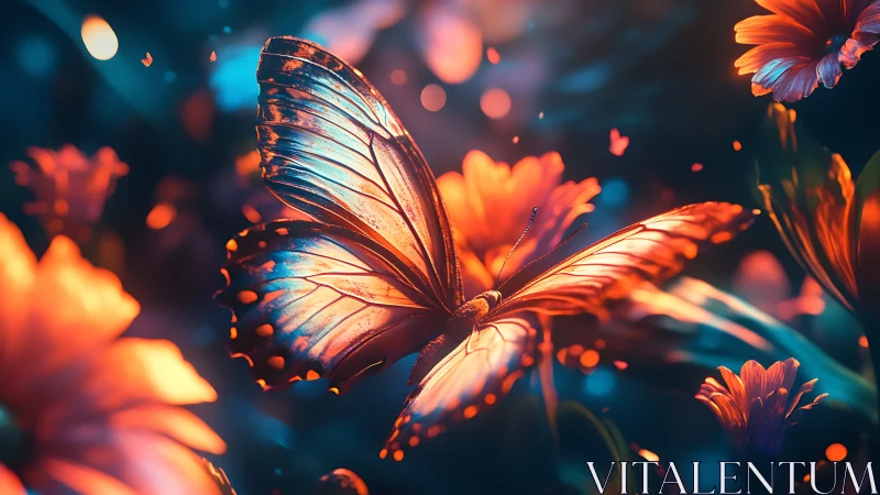 Butterfly hovers among glowing orange flowers at dusk