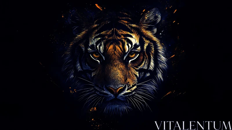 Tiger head illustration on dark background with vivid contrast.