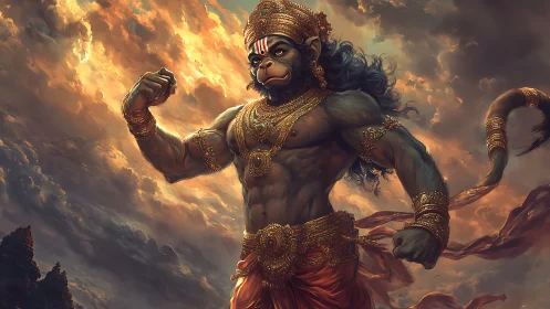 Storm-sculpted monkey warrior flexes beneath blazing heavens