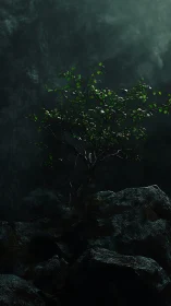 Solitary bonsai on misted cliff under dramatic rim light.