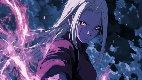 Silver haired warrior channels violet energy under storm sky