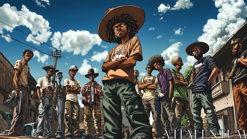 Tough street crew stands united under open daytime sky.