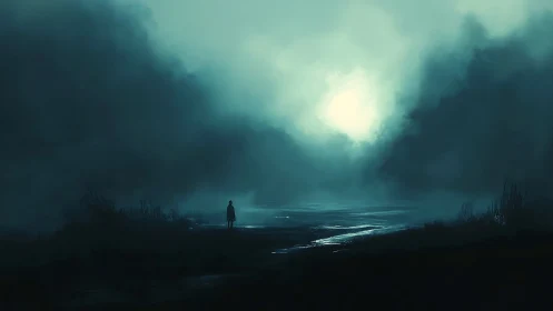 Solitary figure standing by misty river at dawn.