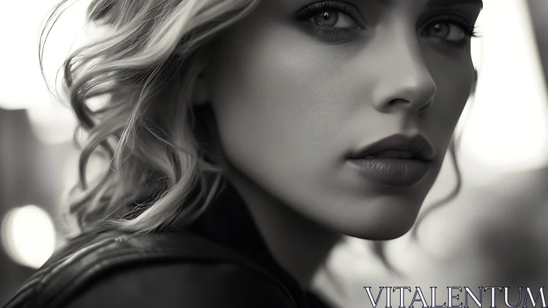 Monochrome close-up portrait with shallow depth of field.