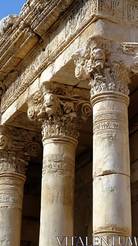 Sunburned Corinthian columns guarding a lion-crowned temple.