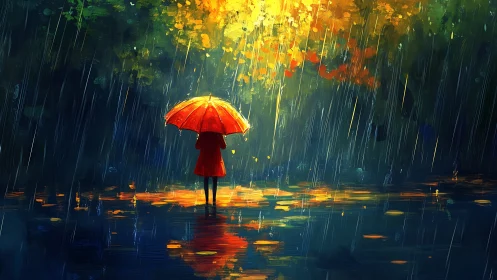 Chromatic rainfall study with solitary figure and specular pool.