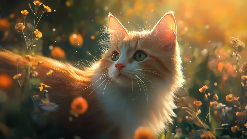 Luminous Feline Dreams Through Golden Wildflower Fields
