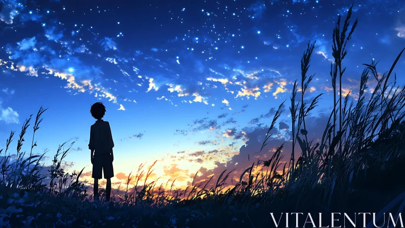 Silhouetted youth under luminous twilight starfield sky.