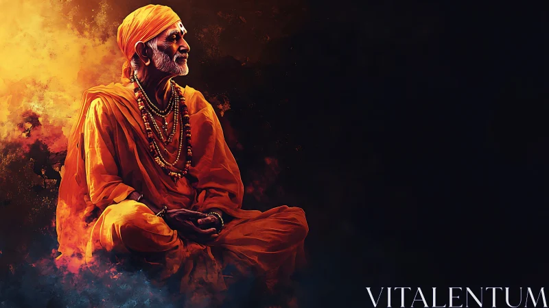 Elderly monk in saffron robes glows against a dark void