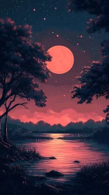 Moonlit river glow under cotton candy twilight skies.