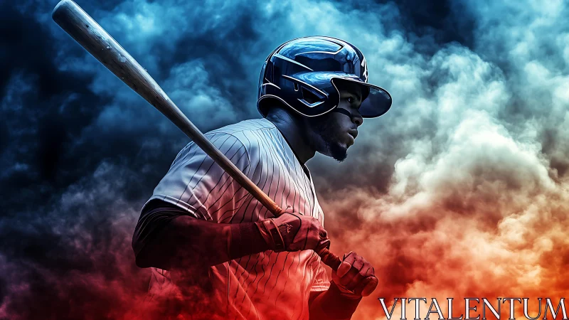 Intense baseball batter framed in dramatic smoke burst.