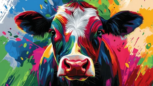 Colorful cow portrait splashes joy across the canvas