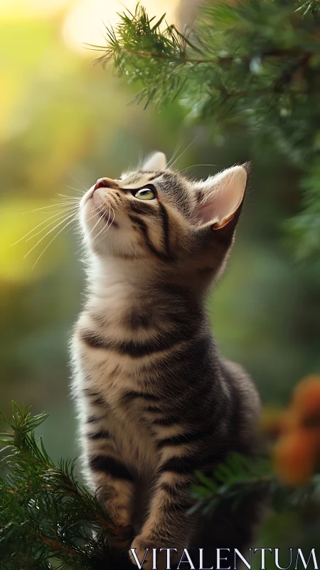 Tabby Kitten Investigating Coniferous Foliage in Natural Bokeh.