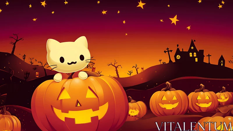 Digital rendering of feline character positioned on carved pumpkin amid autumn landscape.