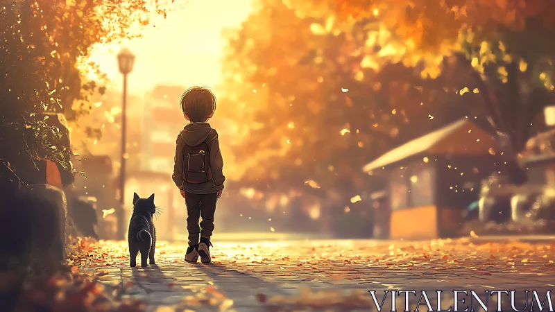 Child and cat on sunlit autumn street in soft focus scene.
