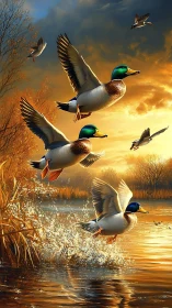 Mallard ducks burst from golden wetland at fiery sunset.