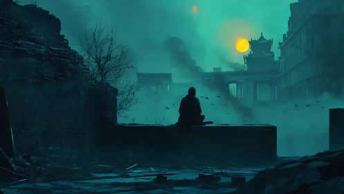 Solitary figure surveys cyan mist over ruined neon temple city