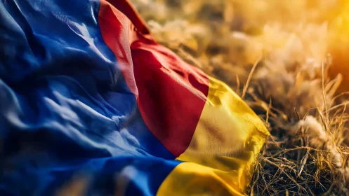 Tricolor national flag lying in dry grass at sunset.