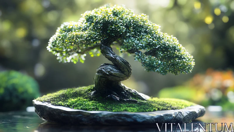 Sunlit bonsai guardian curling over a mossy stone island.