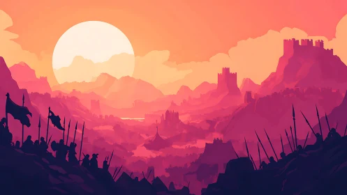 Sunlit fantasy valley alive with castles, banners, and hope.