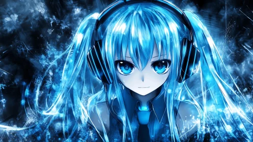 Blue haired anime girl with headphones stares forward intently
