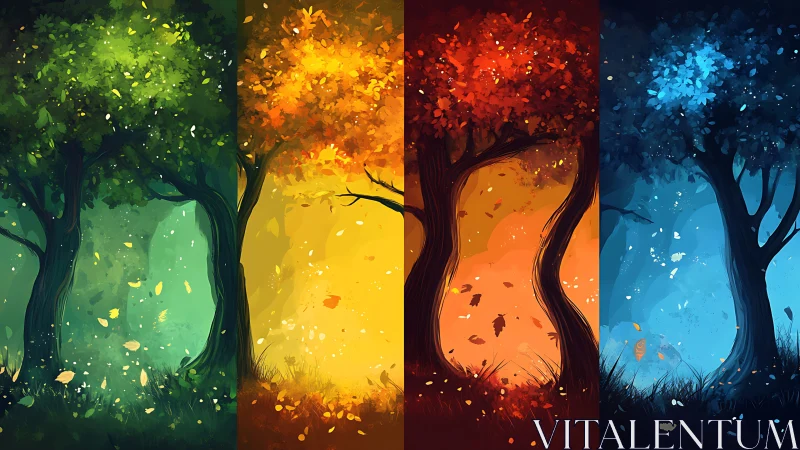 Four stylized trees depict changing seasons in vertical panels