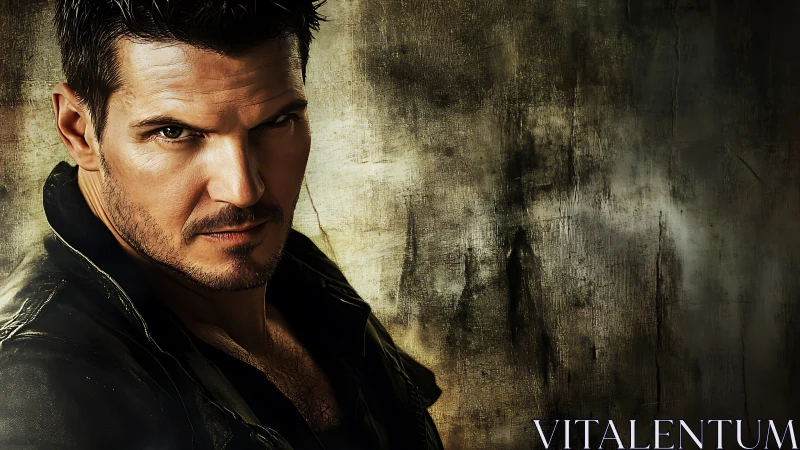 Moody male portrait against distressed textured wall background