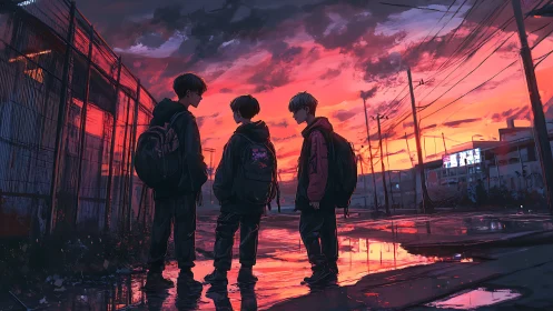 Digital painting of three students in neon dusk streetscape.