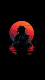 Solitary astral drifter gazes into neon cosmic waters.