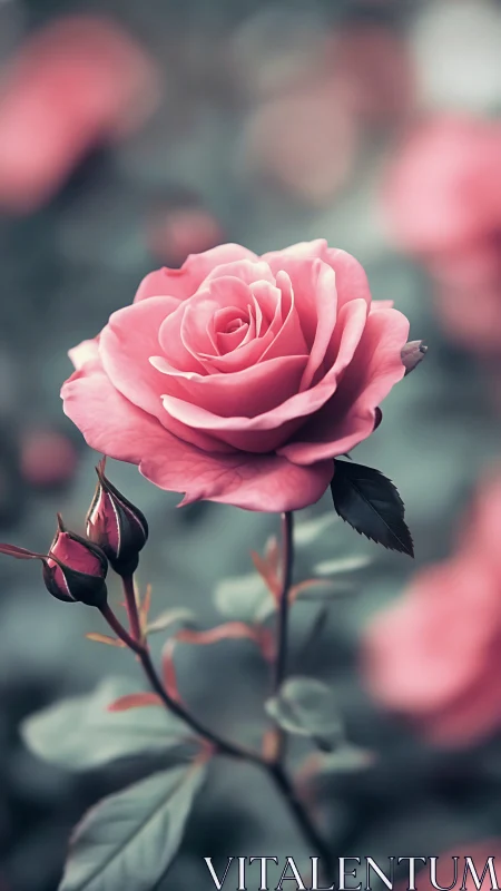 Pink Rose in Soft Focus Garden Setting with Botanical Detail.