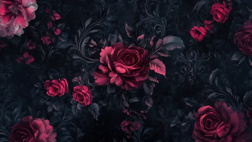 Ornamental Floral Pattern with Red Roses on Dark Background