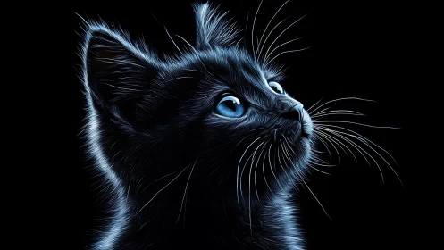 Black Cat with Striking Blue Eyes Against Dark