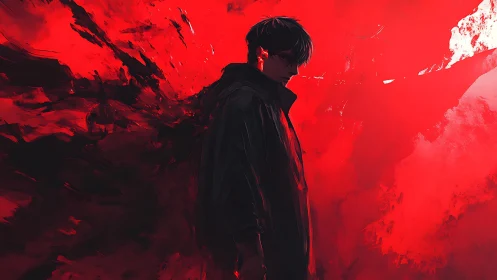 Solitary figure stands in a storm of crimson shadows