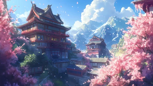 Cherry blossom citadel beneath story-drenched mountain skies.