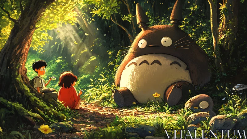 Forest guardian tea break with wide-eyed woodland giant.