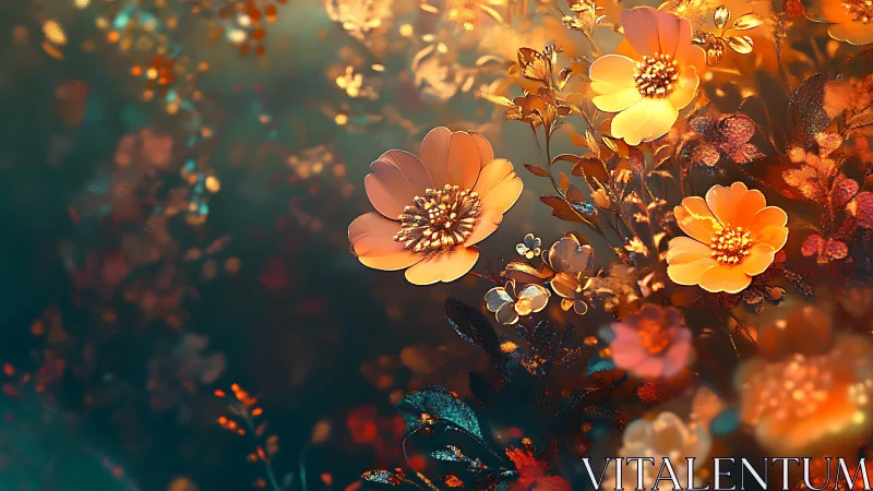Golden Bloom: Luminous Flowers Against Teal Depth