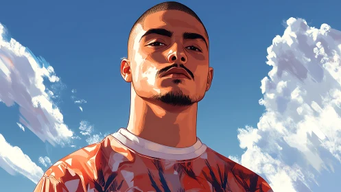 Low-angle stylized portrait under clear sky with soft cel shading