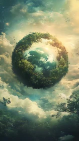 Orbital forest halo cradling a dreamlike floating Earth.
