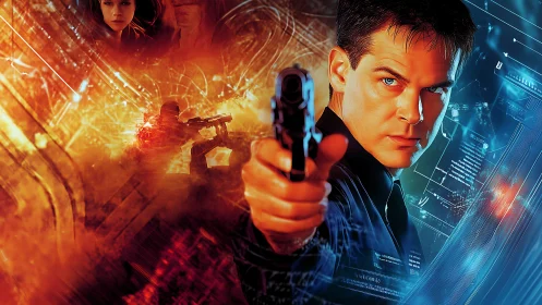 Male figure with handgun framed by abstract action collage.