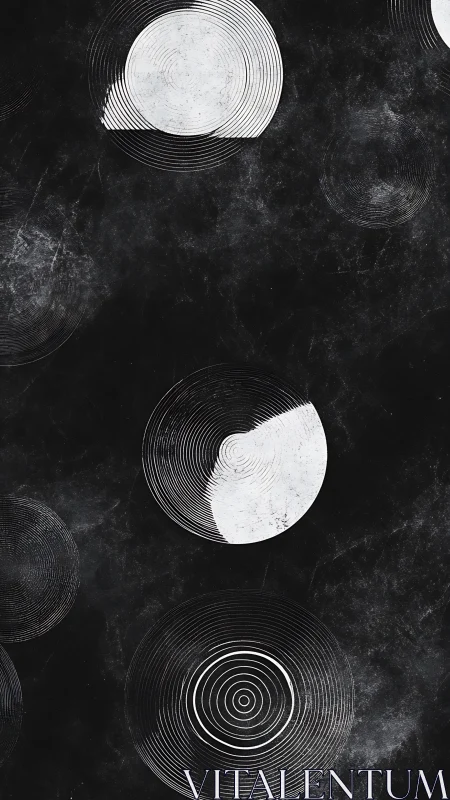 Monochrome concentric circle pattern on textured black field.