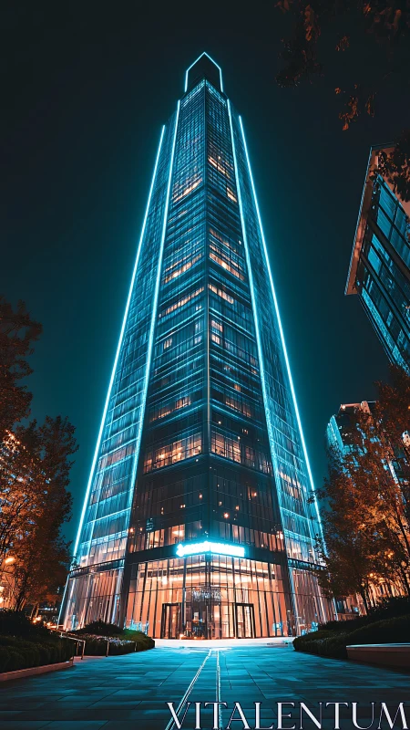 Illuminated glass skyscraper stands centered in night streetscape