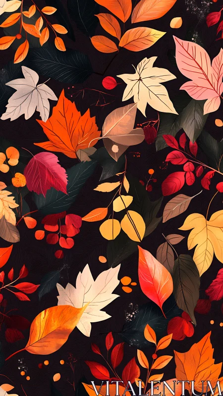 Autumn foliage pattern with stylized leaves on deep noir ground.