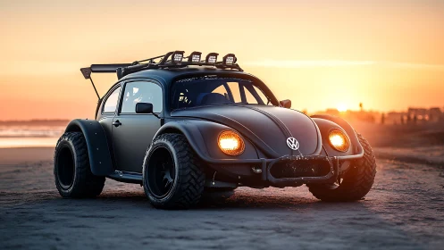 Off-road Volkswagen Beetle parked on beach at sunset.