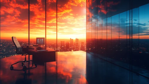 Sunlit city office glowing with a vibrant, hopeful sunset view.
