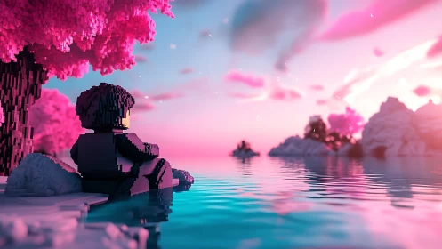 Voxel figure overlooking neon sunset lake in pink bloom.